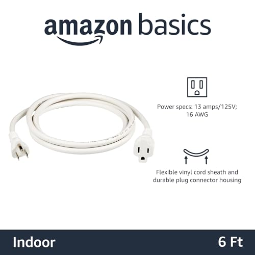 Image of Amazon Basics 3-Prong Extension Cord for Indoor Use, 13 Amps, 125V, 6 Foot, White, 2-Pack