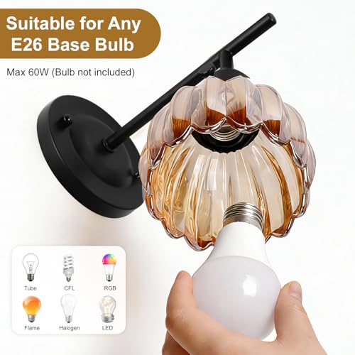 Image of Vintage Wall Sconces with Cute Amber Tulip Glass Lampshade, Black Wall Sconces Hradwired Modern Wall Lighting Fixture with Switch for Bedside Bedroom Living Room Wall Decor