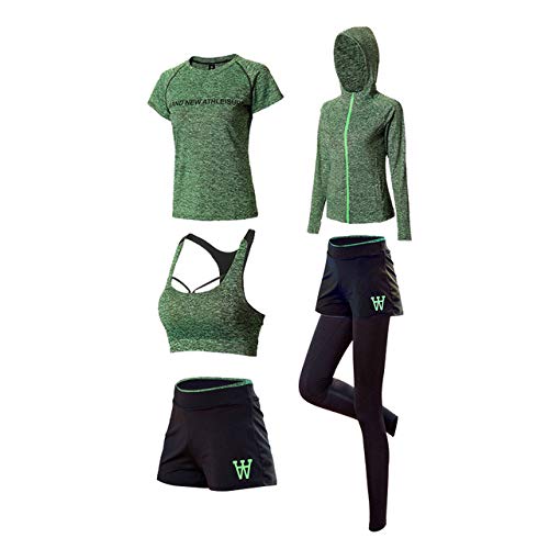 Tenue de yoga anti-transpiration ensemble de sport femme 5 pièces vert pour courir au sec