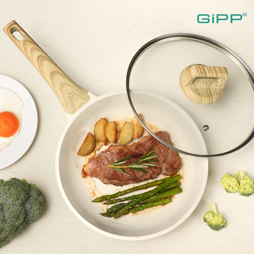 Image of GiPP Nonstick Frying Pan Skillet with Lid - 28cm White Granite Non Stick Pans, Omelette Pan with Heat-Resistant Handle, Compatible with All Stovetops, PFOA Free (White, 28+lid)