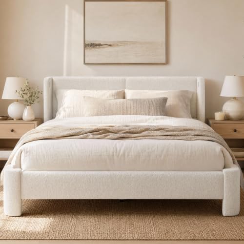 Image of LIKIMIO Queen Bed Frame with USB Ports & Wingback Headboard, Cream White | Boucle Upholstered Platform Bed, Sturdy Slat Frame, No Box Spring Needed, Fits Living Room and Apartment.