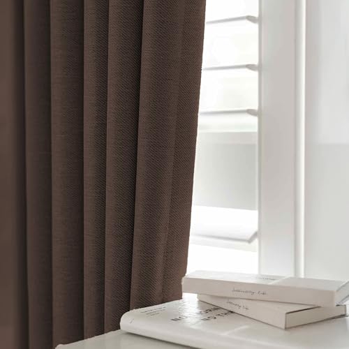 Image of LINENWALAS 100% Blackout Curtains for Window (5 Feet) - Set of 2 Panels, Linen Texture Complete Light Block Heavy Panels, Thermal Insulated & Noise Reducing Room Darkening Curtains (Furniture Brown)