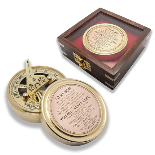 Brass Sundial Compass with Inspirational Message to Son, Gift Set with Wooden Box
