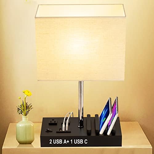 Briever Upgraded 3 USB Desk Lamp with 2 USB A & 1 USB C Charging Ports, Bedside Desk Lamp with 2 AC Retailers and Picket Telephone Stand Organizer, Ultimate Nightstand Lamp for Bed room, Visitor Room, Workplace