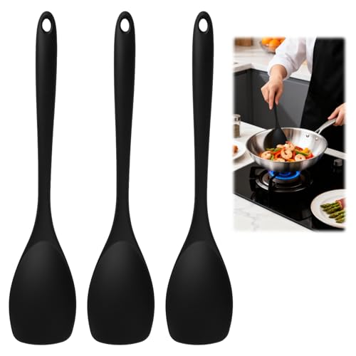 3 Pièces Cuillère Silicone de Cuisine pour Remuer,Longueur Manche 27,5 Cm,Plastique Noir Antiadhésif, Résistantes à la Chaleur Jusqu'à 210 °C pour...