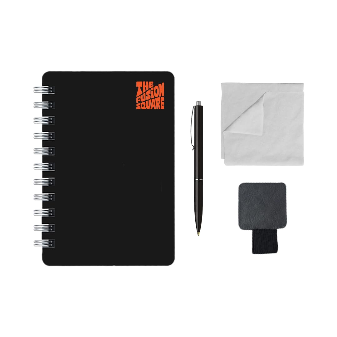 The Fusion Square A5 Smart Notebook Waterproof & Reusable 22-sheet Notepad, Scannable for Digital Use with Erasable Pen and Microfiber Wipe (5.8 x 8.3, Black)