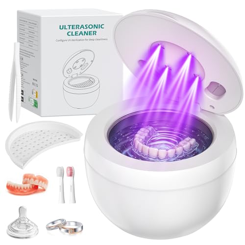 SHINER Nettoyeur Ultrasons, 45000Hz Bac a Ultrasons avec 4 UV Lampe et 4 Modes, 200ML Ultrasonic Cleaner Dental Pod pour Prothèses Dentaires, Gouttière...