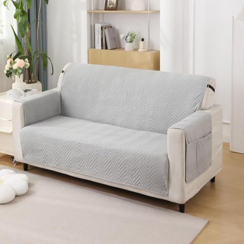 Image of HOKIPO 2 Seater Quilted Sofa Cover with Pockets, Light Grey (NEW1-802-LGRY)