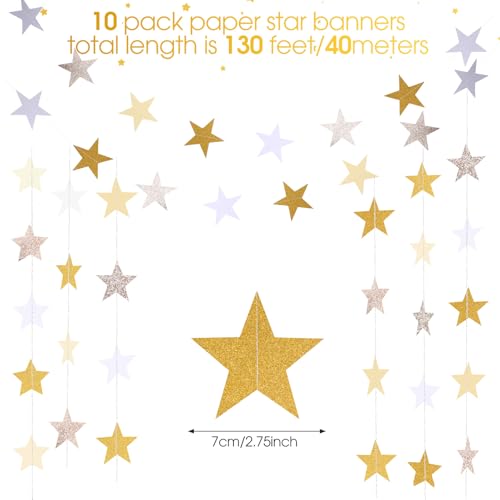 Image of Patelai 130 Feet Glitter Star Garland Banner 2026 Party Decoration Double Side Star Hanging String Streamer Paper Twinkle for Graduation Wedding Birthday (Glitter Gold and Champagne Gold,White)
