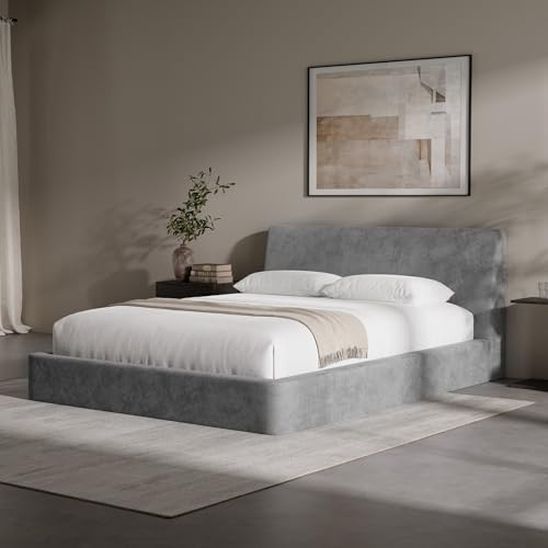 Image of RECCI AirFrame Queen Bed Frame with Ergonomic Angled Headboard, 360 Cushioned Platform Bed Frame, Low Profile Minimalist Soft-Frame Bed, No Box Spring Needed, Easy Assembly, Moon Grey