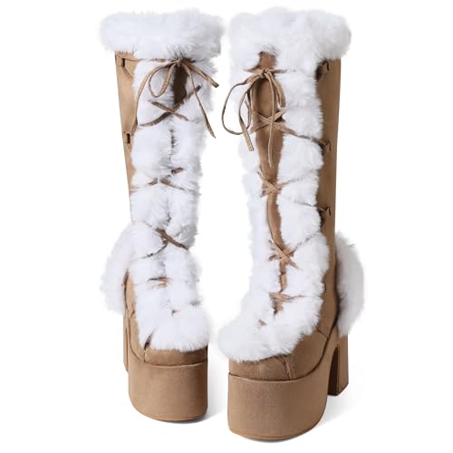 Accloris Beige Platform Knee High Boots For Womens Warm Faux Fur Lace Up Side Zipper Chunky Heel Punk Goth Winter Snow Mid Calf Boots Size8