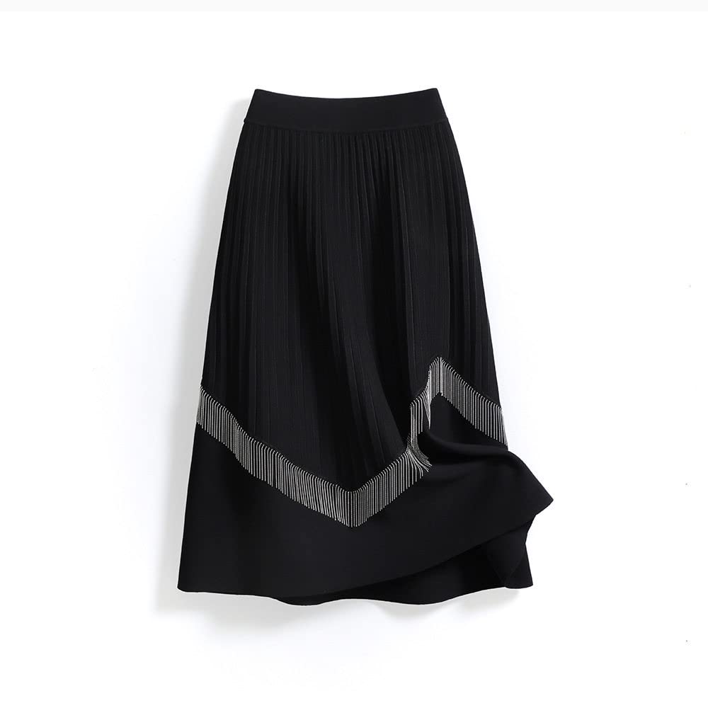Röcke Damen,Damen-Midirock, Schwarz, Elastisch, Mit Hoher Taille, Gestrickter Quasten-Plisseerock, Hüftumwickelter A-Linien-Swing, Gerüscht, Herbst-Winter, Lange Röcke Für Mädchen, Damen