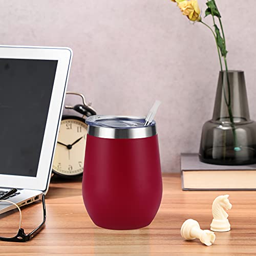 Stainless Steel Wine Tumbler 12Oz, Double Wall Vacuum Insulated Wine Tumbler With Lid And Straw, Stainless Steel Stemless Wine Glass For Wine, Coffee, Cocktails, Champaign, Ice Cream, Wine Red #TOP2