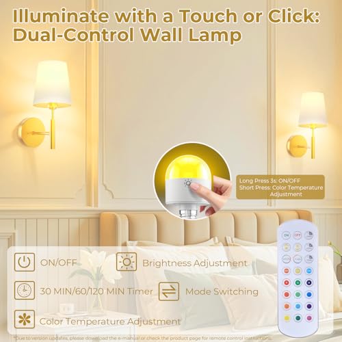 Battery Operated Wall Lights, Rechargeable Wireless Wall Sconce Set of 2 with Remote Control, 3 Color Temperatures & RGB Dimmable, 5600mAh E27 Bulb, Wall Lights for Living Room, Bedroom, Hallway - Image 5