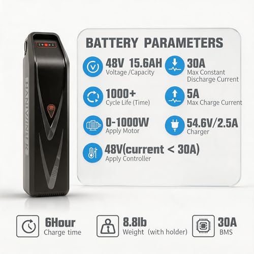 Image of Hailong 48V 15.6Ah E-Bike Battery - High-Capacity Water Bottle Style Lithium-Ion Pack with 40A Smart BMS, Anti-Theft Key Lock and Universal 5-PIN Connector - for 250W-1500W Motors