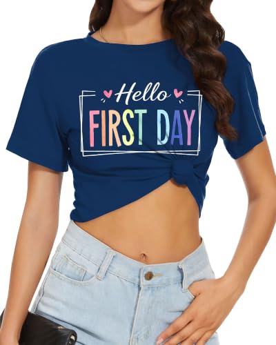 Image of Womens Crop Tops Summer Short Sleeve Round Neck T-Shirts Loose Fit Blouse