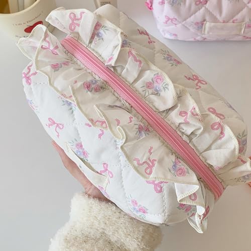 Quilted Makeup Bag, Cute Pouch Toiletry Bag, Travel Toiletry Bag Period Bag, Pink bow tie Toiletry Organizer Bag for Women Girls (Style 1)4