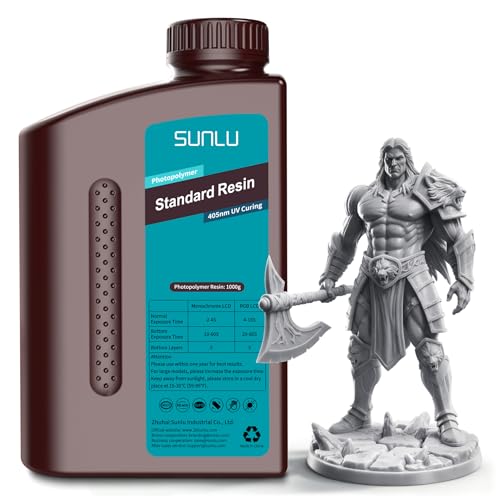 SUNLU Standard 3D Printer Resin Plus, Fast-Curing Photopolymer Resin for LCD/DLP/SLA Printers, 395-405nm UV, Low Shrinkage and High Precision, Grey 1KG