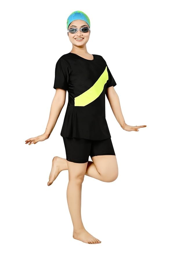 Women Frock Style with Inner Short One Piece Swimming Costume | Swimsuit for Women-(SIze-44 inch) Black-image-35
