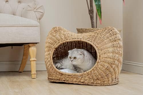 Wicker Cat Bed with Cushion - Pet Bed, Cat Cave, Woven, Handmade, Eco - Friendly, Cat House