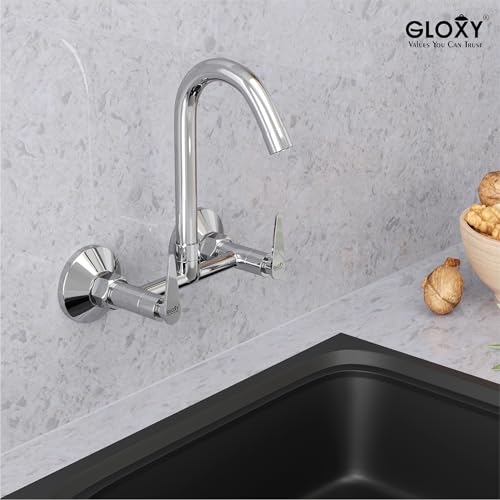 Image of Gloxy Premium Brass 2 in 1 Wall Mounted Sink Mixer with 360 Swivel Spout - Nano Lever Kitchen Sink Mixer with Chrome Finish - Hot & Cold Water Mixer for Bathroom & Kitchen Sink - 10 Years Warranty