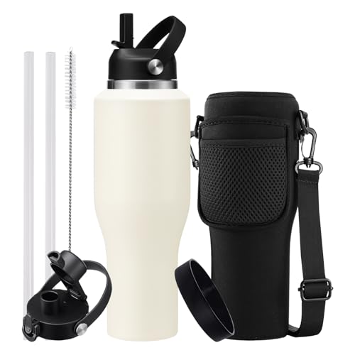 Image of 40 OZ Water-Bottle Fit Car Cup-Holder - Double Wall Vacuum Insulated Thermal with Lid and Straw, Stainless Steel Cup 40oz with Carrying Case, for Travel Drive