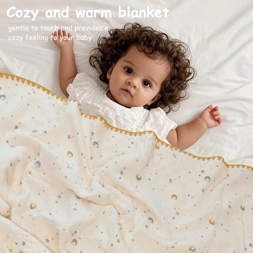 Image of Baby Neutral Muslin Thick Blanket Double Layer Soft Crib Bedding 40x40 inch Throw Blanket Stars Design