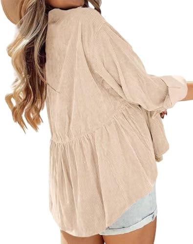Womens Corduroy Peplum Shirts Tops Cute Long Sleeve Button Down Blouses with Pockets3