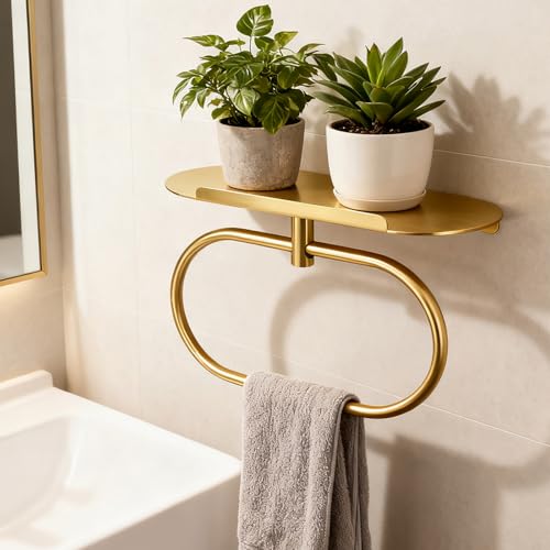 Anneau Porte-Serviettes DIYZON avec Support en Acier Inoxydable, Auto-Adhésif ou Percé, Porte-Serviettes Mural pour Salle de Bain et Cuisine (Or)