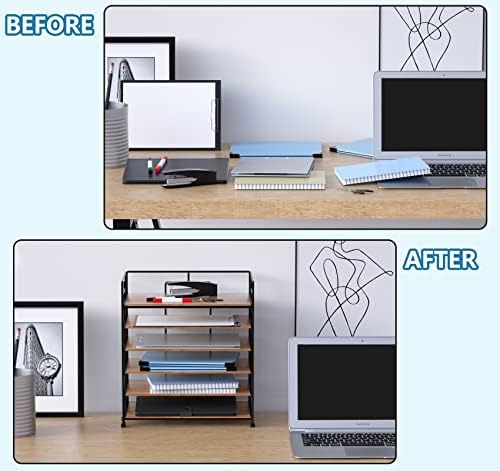 LUCYCAZ 6-Tier Desk File Organiser, Wooden and Metal File Tray Holder for Desk, Paper Letter Tray Organiser for File, Document, Letter, a4 Paper