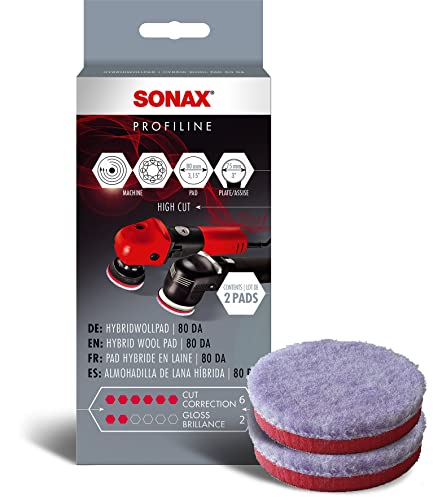 SONAX Hybrid Wool Pad | Heavy Cut Polishing Pad for Dual-Action Machines | Reduces Polishing Time | Removes Deep Scratches & Matting | 85% Wool, 15% Polyester | Low Heat | 494041| 3 Inch, 2 Pack