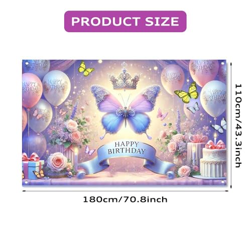 Image of Happy Birthday Banner for Women Girl | Butterfly Floral Theme Backdrop 71x43.3 inch polyester fabric; reusable; ideal photo decor for girls & women birthday parties