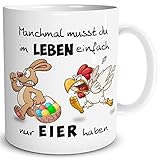 TRIOSK Tasse Hase mit Huhn Spruch Eier haben lustig Frohe Ostern Ostergeschenke Erwachsene Ostertassen Sprüche Geschenk für Männer Frauen
