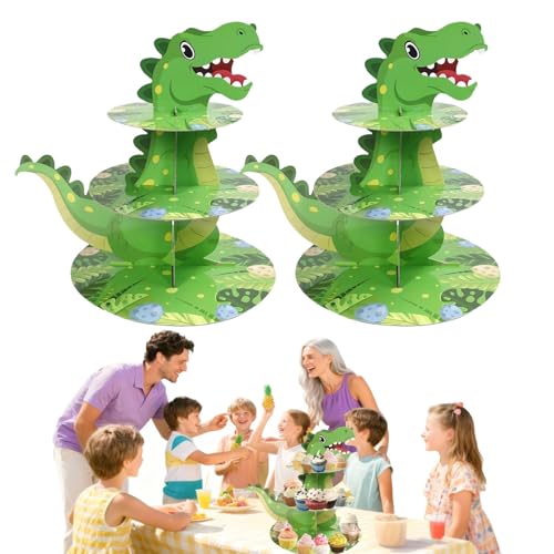 2PCS 3 Tier Dinosaur Cupcake Stand,Dino Cupcake Stand Cardboard – Easy to Assemble& Reusable(4Dinosaur)