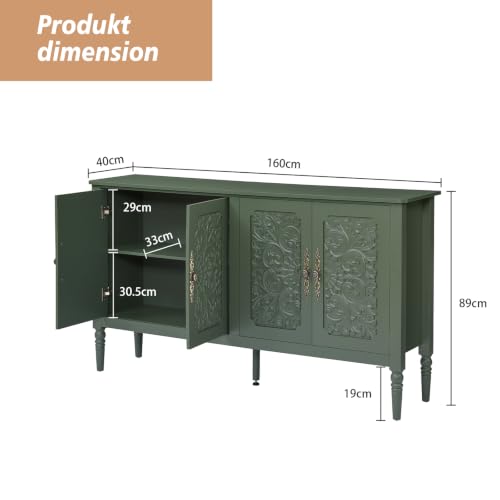 Komoda w stylu vintage z rzeźbieniem reliefowym, zielona, 160 cm – drzwi 3D, zaokrąglone narożniki, mosiężne uchwyty, szafka do przechowywania do salonu, jadalni, przedpokoju