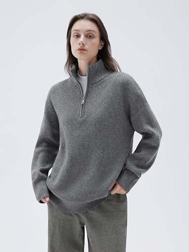 Image of SUUKSESS Women Cashmere Blend Oversized Quarter Zip Pullover Sweater Long Sleeve Collared Ribbed Knit Jumper Tops