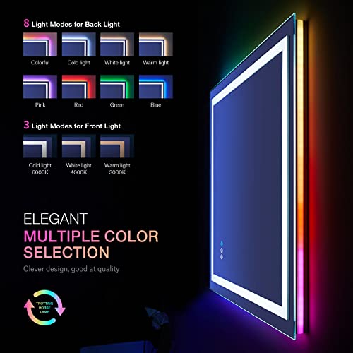 LOAAO 28"X36" LED Bathroom Mirror with Lights, Anti-Fog, Dimmable, RGB Backlit + Front Lighted, Bathroom Vanity Mirror for Wall, Memory Function, Tempered Glass (Safe to Use)