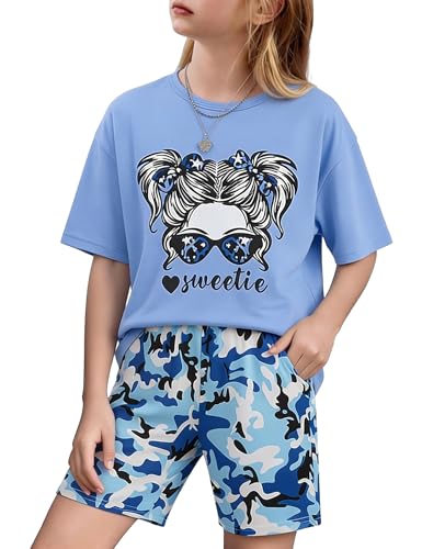 Image of mksodopy Girls Summer Clothse Graphic Print Front and Back High and Low Irregular T-shirt Cycling Shorts Set