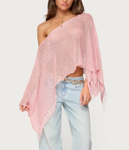 Women Sheer Poncho Top Fringed Off The Shoulder Hollow Out Knit Tops Sequin Crochet Poncho Shawl Cover Up Tops2