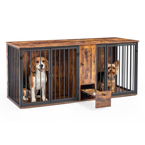 KOOPRO 70" Double Dog Crate Furniture w/Feeding Station & Storage Cabinet