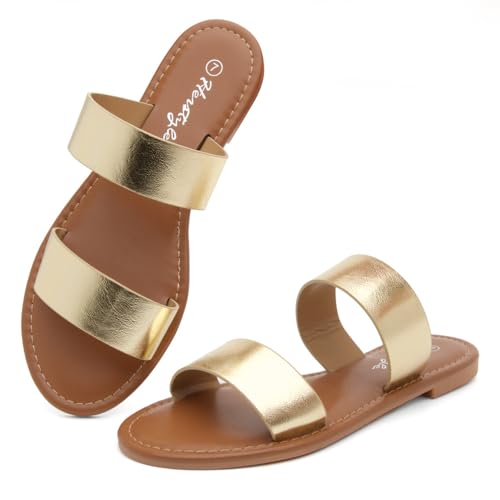 Image of Herstyle Flat Sandals for Women, Double Strap Slide Sandals, Open Toe Slip On, Comfortable Cushioned Footbed Casual Summer Shoes for Daily Wear, Beach, Vacation, Clear Options