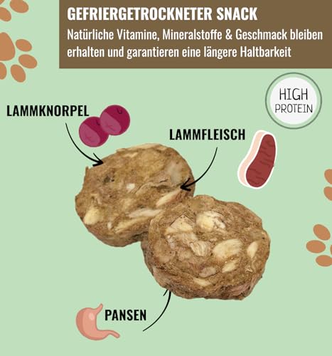 RiNa Hundeleckerli Lamm-Mix - gefriergetrocknete Leckerbissen - Fleisch, Knorpel, grüner Pansen - Hunde-Snack aus Deutscher Herstellung - Barf - 110g