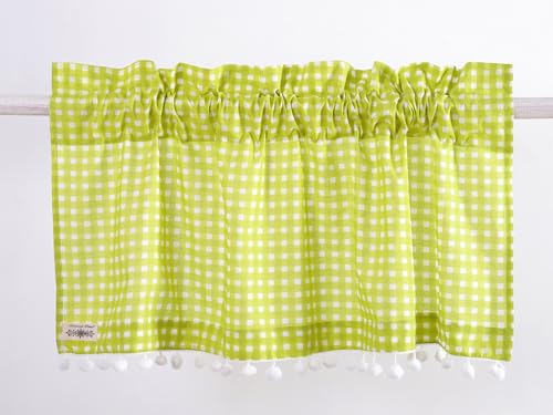 Image of Ravaiyaa - Attitude is everything Hand Printed Half Window Kitchen Curtain 100% Cotton Short Drapery Valance Curtain 40 inch X 18 inch Inch (Green Checked)