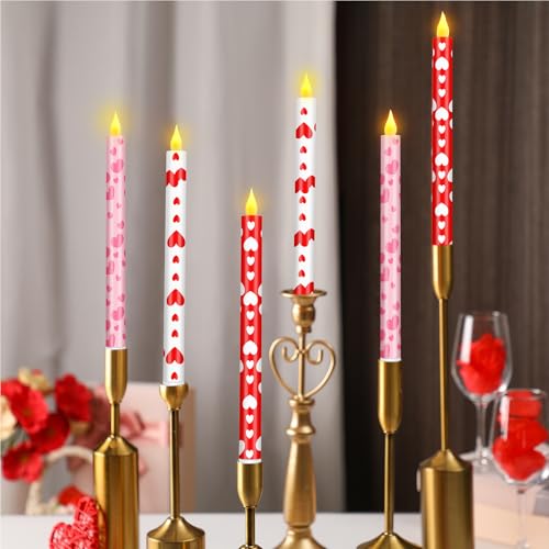 Image of Honoson 6 Pcs Valentine Day Flameless Taper Candles 10.6 Inch Heart Shaped Candles Battery Operated LED Candlesticks for Valentine Wedding Anniversary Dinner Table Home Party Decor