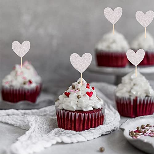 40 Pack Silver Heart Cupcake Toppers Glitter Love Heart Valentine Cake Picks Decorations For Valentine's Day Theme Wedding Engagement Bridal Shower Birthday Party Supplies #TOP3