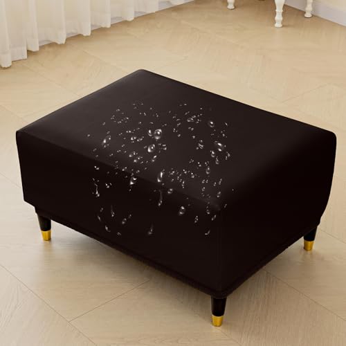Huierxun 100% Waterproof PU Leather Stretch Square Ottoman Cover Wipe Clean Folding Storage Stool Furniture Protector Soft Rectangle Slipcover with Elastic Bottom (Coffee,Large)