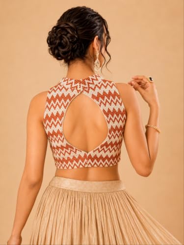 Image of Vamas Women's Net Saree Blouse | Padded Sleeveless Back Open Designer Blouse | ReadymadeEthnic Blouse with Tie-Up Back for Women