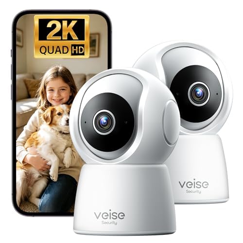 Veise 2K Indoor Security Camera 2.4GHz, 360° Pan/Tilt Pet Camera with Motion Tracking, Baby Monitor, 2-Way Audio, Night Vision, Cloud/SD Storage, Compatible with Voice Assistant, White, 2Pac