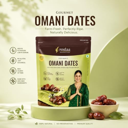 Image of Rostaa Gourmet Omani Dates /Khajur, 680g | Premium Quality Date, Rich in Fibre, Naturally Sweet, Healthy Snack, Low Fat & 100% Natural (680 GM (Pack of 2), Omni Dates)