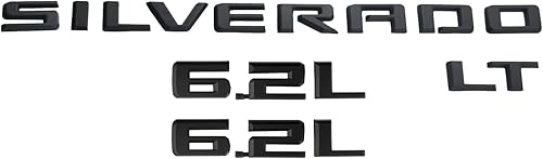 Miniatura 1 de Juego de 4 emblemas para capó de 6.2 L y placa de identificación de letras 3D para puerta trasera Silverado LT 2019+ (negro mate)